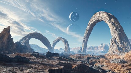 Fototapeta premium A breathtaking alien landscape featuring towering rock formations and serene waters under a vibrant sky with distant planets. perfect for sci-fi themes and imaginative storytelling