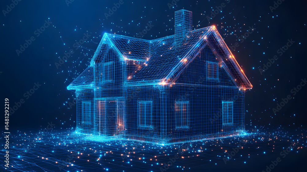 Leinwandbilder futuristic home design concept. abstract wireframe rendering of a house with glowing accents, floati