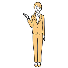 Full-body illustrations of several young women in suits giving directions