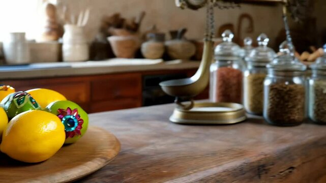Close up shot of jeweled lemons and limes on wooden platter with patterned rhinestones and embellishments inside kitchen setting.