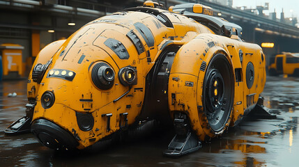 Futuristic, yellow, bio-organic vehicle rests on wet ground in industrial setting.  Details include sensors, panels, and robust wheels