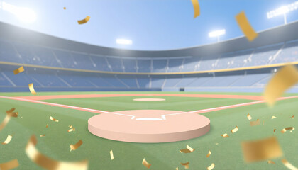 Baseball Field Covered in Golden Confetti for a Victory Celebration at Stadium