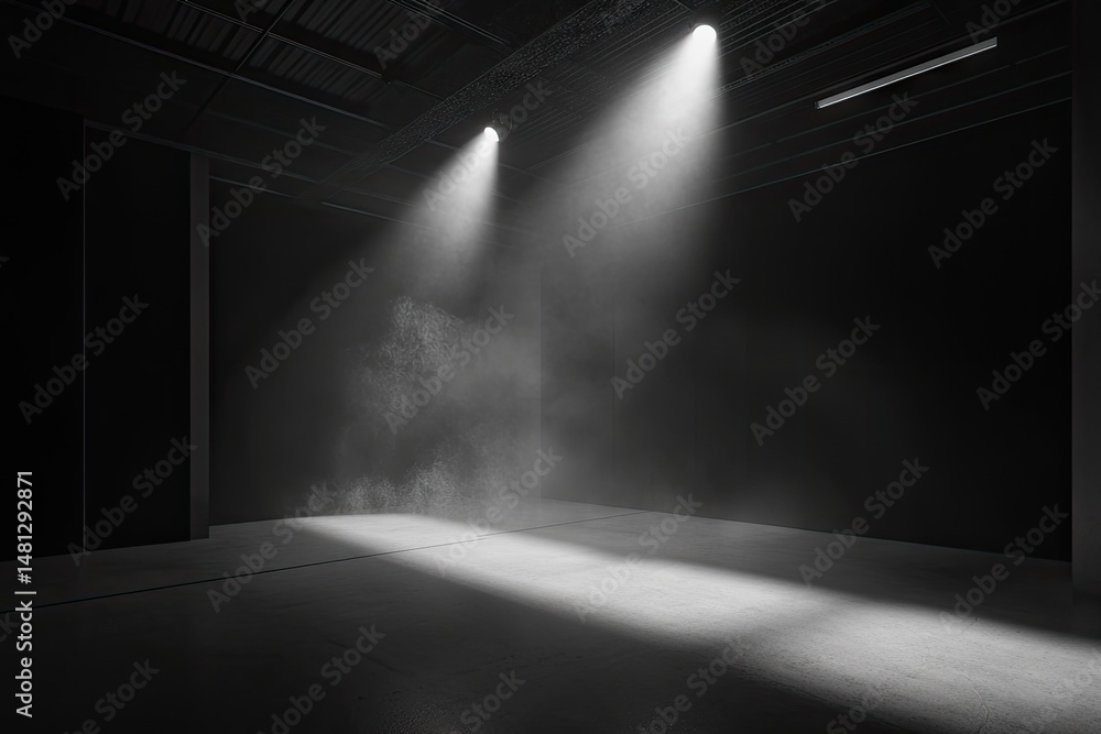 Poster a dimly lit. atmospheric room featuring a circular platform illuminated by a beam of light from abov