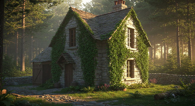 Enchanted stone cottage ivycovered in misty woods - Powered by Adobe
