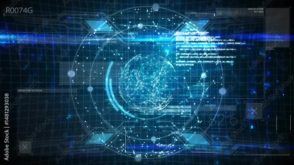 Poster designer exploring futuristic technology control interface, with 3d globe and code overlays