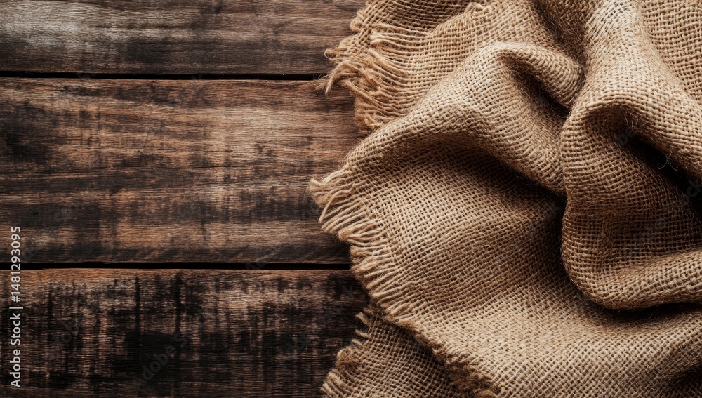 Poster close-up view of textured burlap fabric. showcasing its natural fibers and woven pattern. set agains