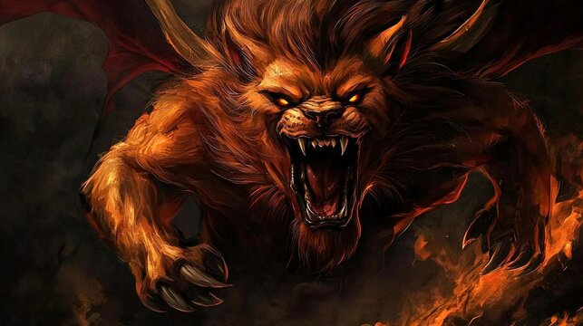 A detailed artistic representation of a manticore showing its wrath.