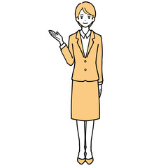 Full-body illustrations of several young women in suits giving directions
