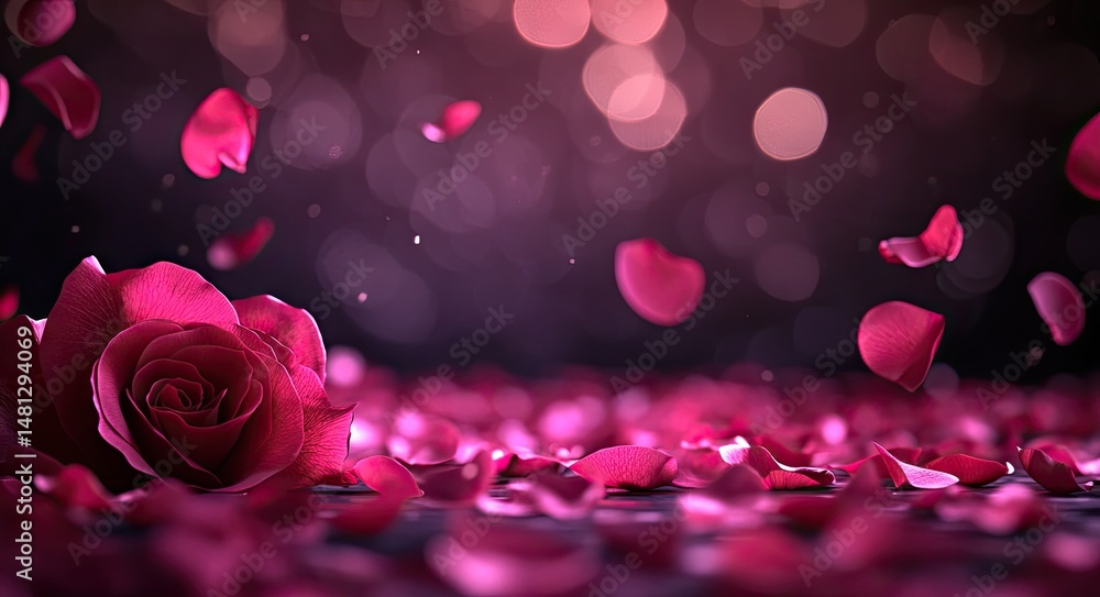 Poster a mesmerizing display of pink rose petals gracefully falling through a soft. dreamy background fille
