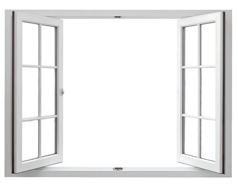 Fototapeta Open White Window With Multiple Panes On Black Background