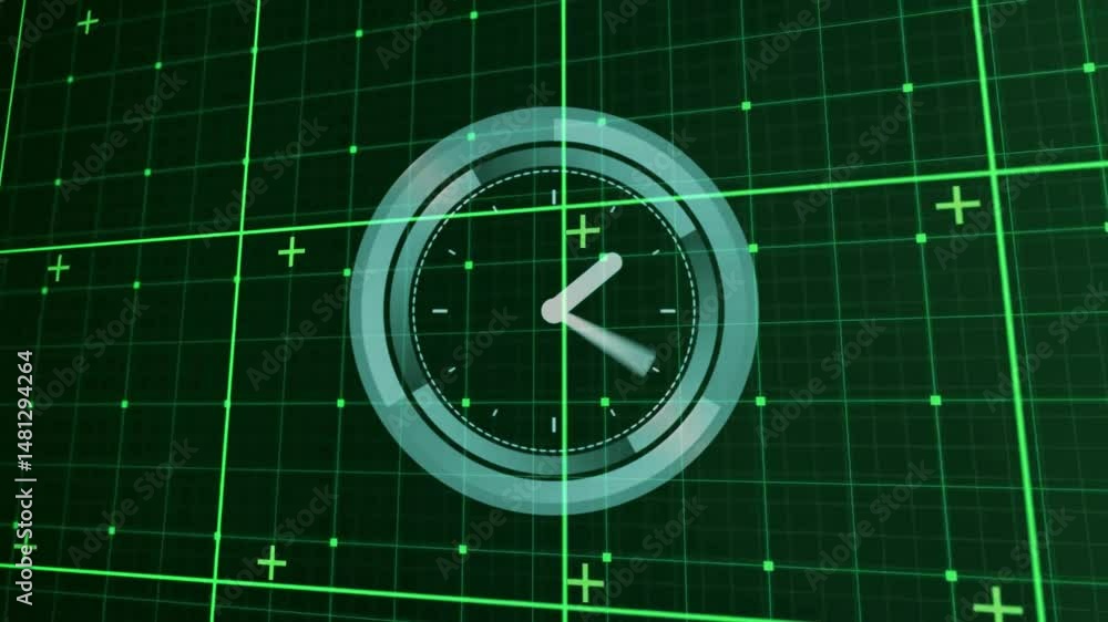 Poster hud interface displaying translucent circular gauge hovering over neon grid plus symbols