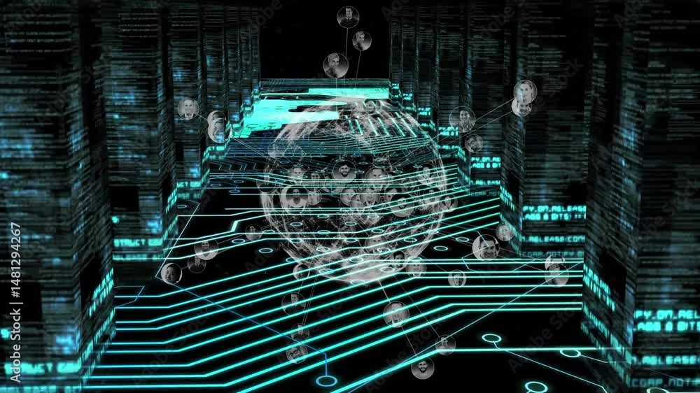 Poster group of professionals connecting in technology network, showing wireframe globe and code towers