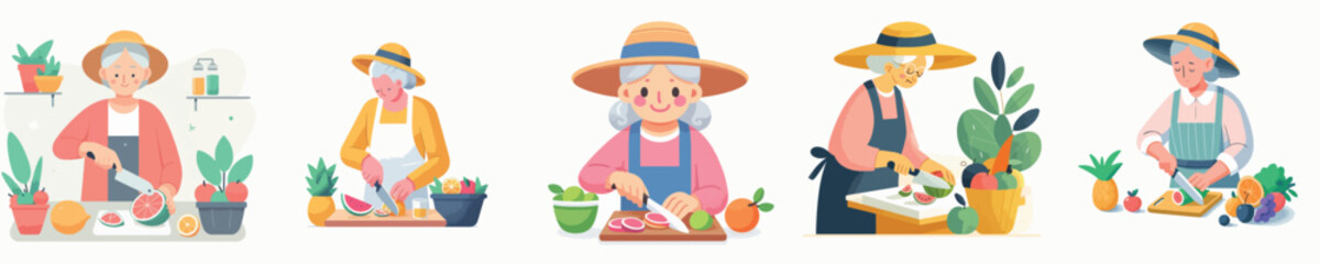 vector character grandma cutting fruit
