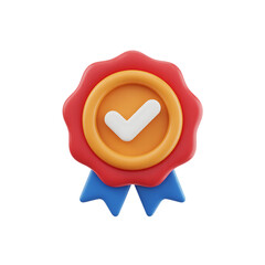 3D Render of Award Badge with Check Mark and Blue Ribbon on Transparent Background

