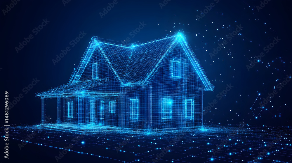 Poster futuristic house concept rendered as a glowing blue wireframe on a dark blue backdrop. a modern, abs