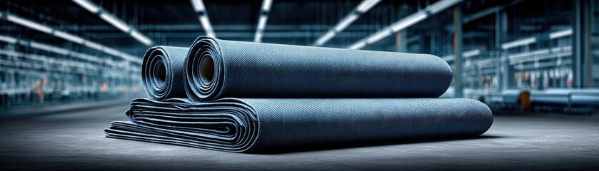 Large rolls of denim fabric are stacked in a modern textile factory with industrial lighting and machinery in the background.