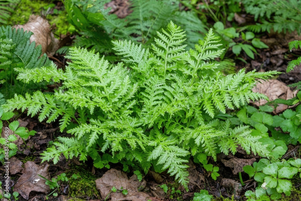 Poster a close-up view of lush green ferns gently illuminated by soft light. showcasing intricate leaf patt