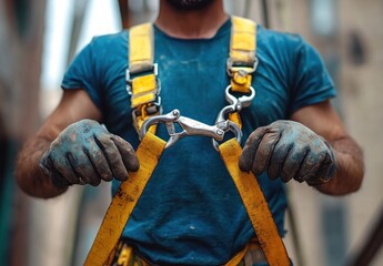 Close-up of a construction worker wearing a blue shirt and yellow safety harness with metal carabiner clips holding the straps, hands covered with blue work gloves