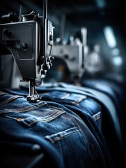 Close-up of industrial sewing machines stitching blue jeans in a factory setting.