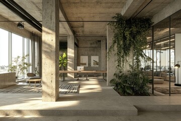 Modern open-plan office interior featuring a spacious layout with greenery. comfortable seating. and natural light. promoting a collaborative and productive work environment
