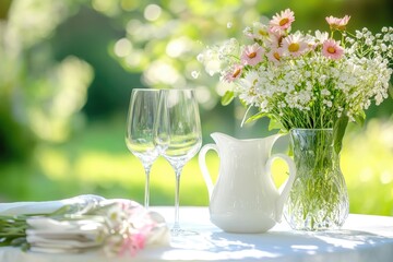 A serene outdoor setting featuring a beautifully arranged table with a pitcher of fresh flowers and two elegant crystal glasses. surrounded by lush greenery and soft sunlight