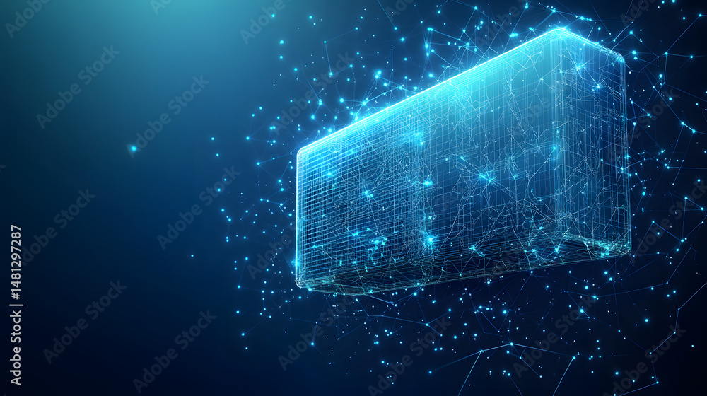 Fototapete Futuristic abstract cube with a complex grid and glowing nodes creates a high-tech feel. Interconnected lines and dynamic details provide a modern and engaging visual. Abstract wireframe in dark blue.