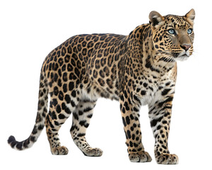 Fototapeta premium Majestic leopard standing proudly with striking blue eyes isolated on white background