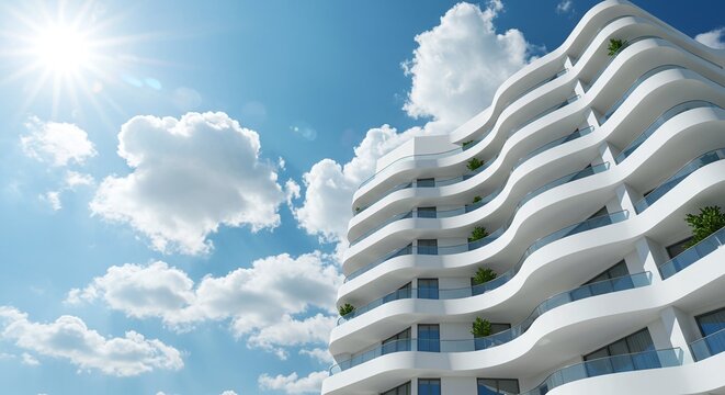Modern architecture building with curved balconies and bright sky view
