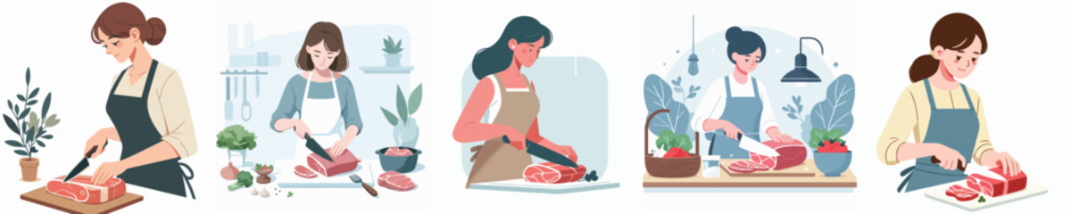 vector character woman cutting meat