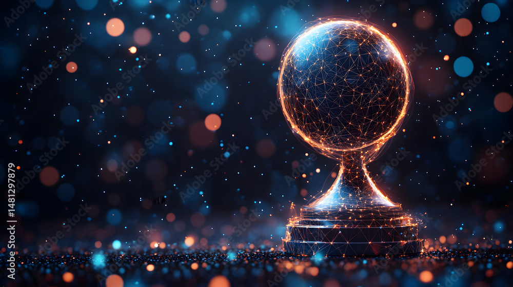 Poster futuristic trophy with glowing network lines against a blurred background. represents digital achiev