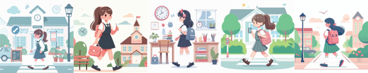 vector character girl going to school