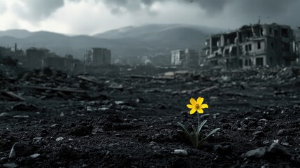 A solitary yellow flower blooms amidst the rubble of a devastated urban landscape. symbolizing resilience and hope against a backdrop of crumbling buildings and distant mountains