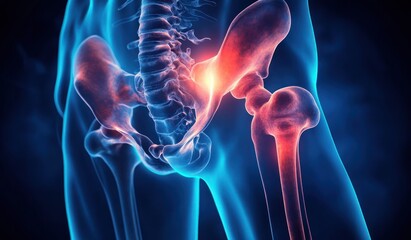 3D medical illustration of the human pelvis and lower spine highlighting inflammation or pain in the hip joints with glowing red areas