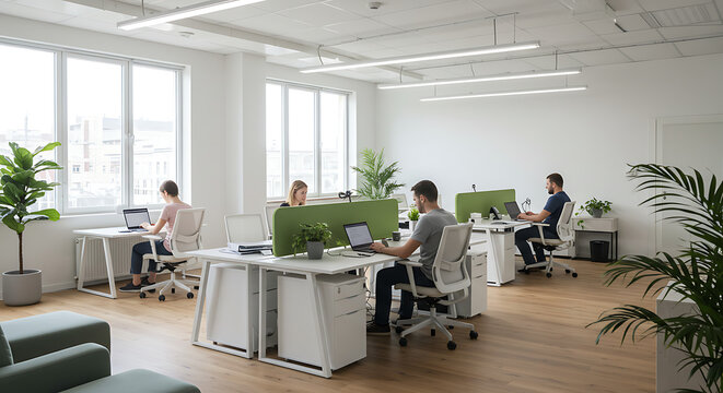 Four people working at desks in a bright modern office space