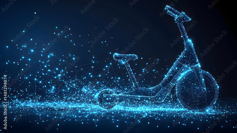 Poster futuristic electric scooter concept visualized with blue digital lines against a dark backdrop. a mo