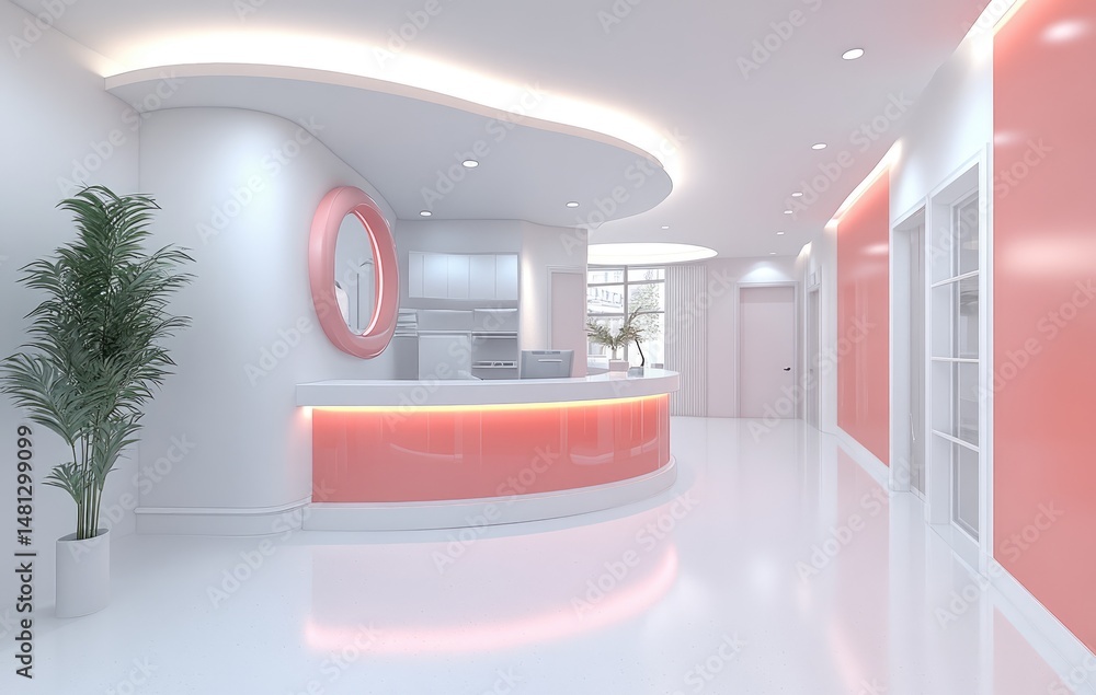 Poster modern interior of a minimalist reception area featuring smooth curves and a striking red accent wal