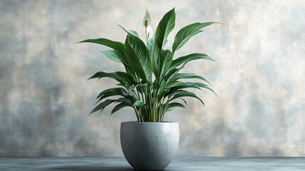Fototapeta premium green leafy houseplant in a gray round pot placed on a smooth surface against a textured beige and gray wall