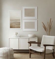 Neutral Beige Minimalist Living Room Interior Design With White Cabinet And Wooden Chair