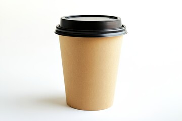 Disposable coffee cup, light beige cardboard, black lid.  Simple, everyday takeaway beverage container