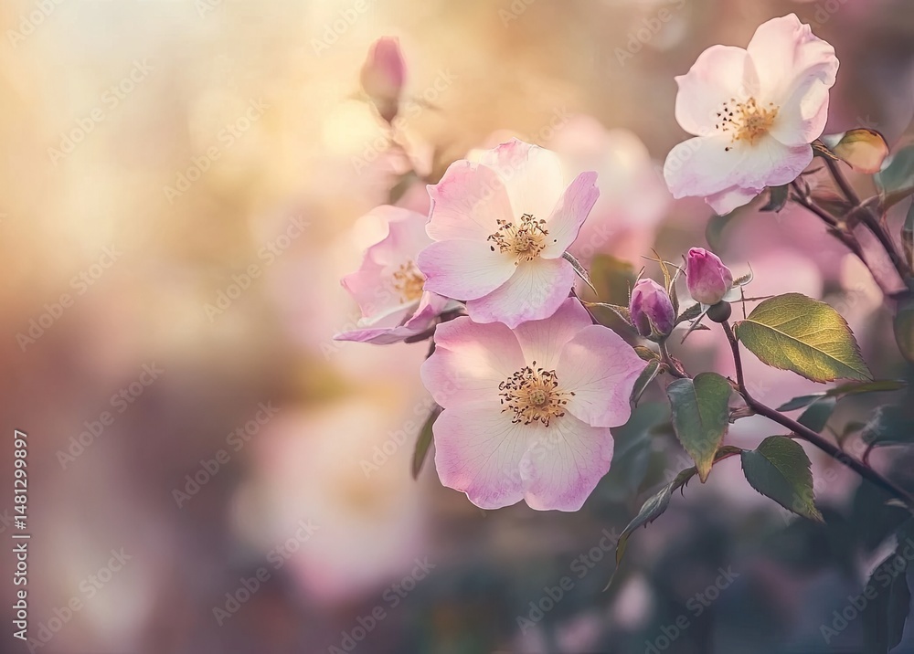 Poster a close-up view of delicate pink roses in full bloom. surrounded by soft bokeh effects. capturing th