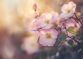 Obraz premium A close-up view of delicate pink roses in full bloom. surrounded by soft bokeh effects. capturing the essence of spring in a serene garden setting