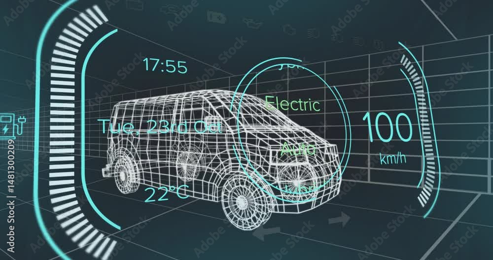 Poster 3D wireframe SUV model floating inside virtual grid interface, displaying gauges time speed icons