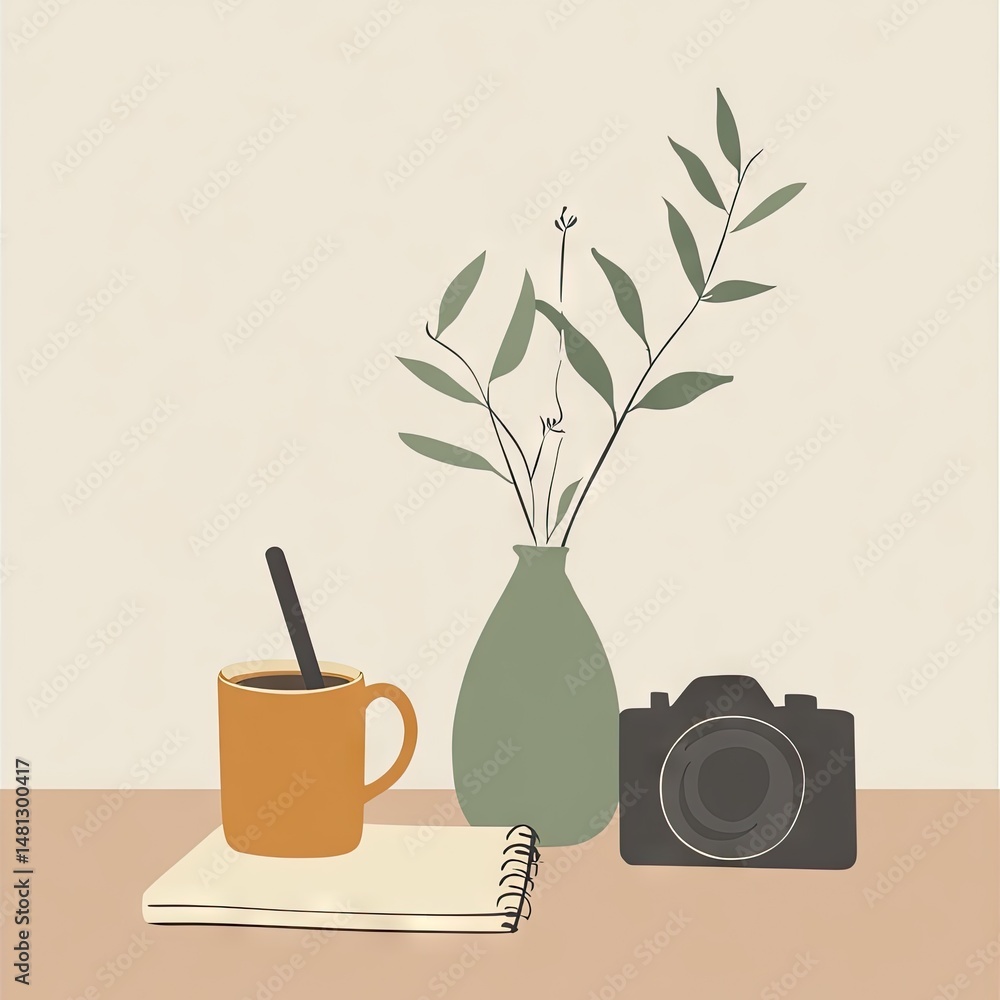 Poster a minimalist workspace featuring a vintage camera. a notepad. and a pen on a wooden table. complemen