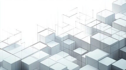 abstract geometric composition of translucent cubes with fine black outlines and light shadows on a white background conveying a sense of depth and modern technology