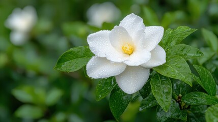 Obraz premium Close-up of a White Gardenia with Rain Droplets