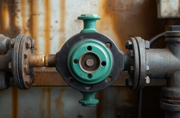 Close-up of an old mechanical pump or valve with rusted metal pipes and flanges in an industrial setting, showing wear and aged texture