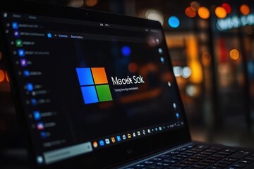 Close-up of a laptop screen displaying a colorful logo with blue, orange, green, and yellow squares, set against a blurred background of warm city lights at night