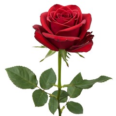 Elegant single red rose with stem and leaves isolated on white background