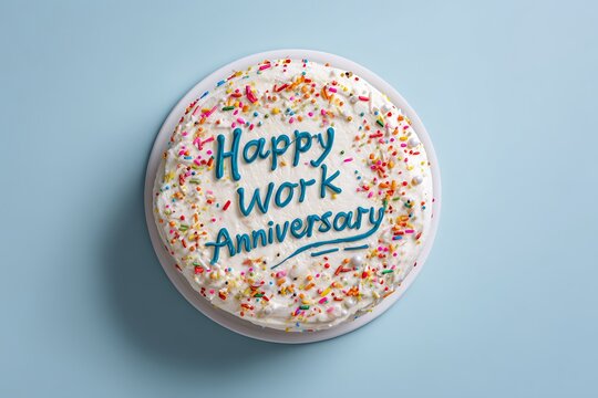 Overhead shot of a happy work anniversary cake with white frosting and colorful sprinkles