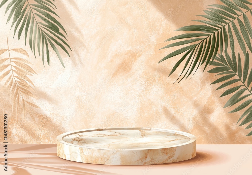 Poster a serene and artistic display featuring a round marble platform against a softly textured backdrop o